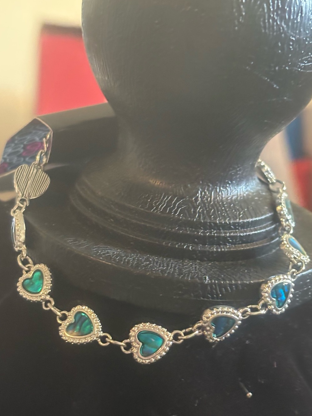 Silver Heart-Link Necklace with Teal Abalone Inlay
